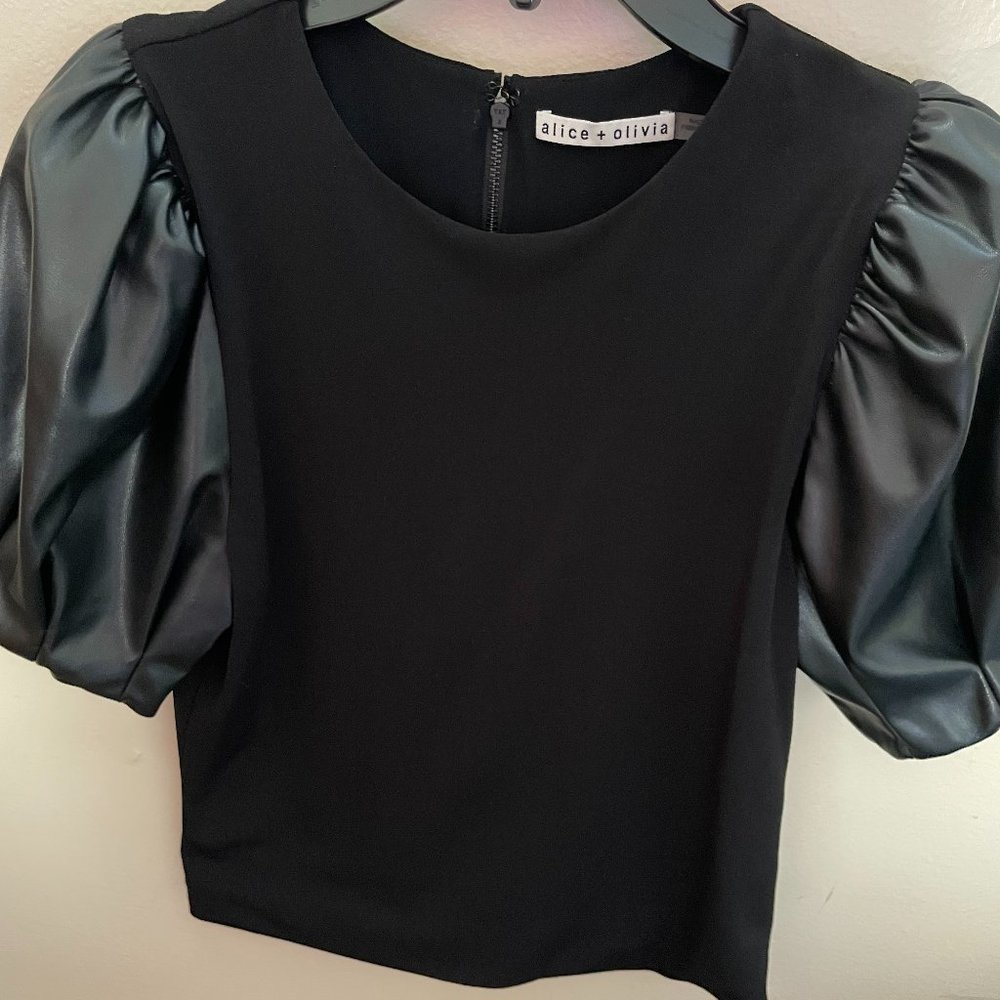 Alice & Olivia Vegan Leather Puff Sleeve top